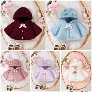 كاب فرو بناتي شتوي "أذنين دبدوب" - بونشو ناعم مع فيونكة (ألوان متعددة)